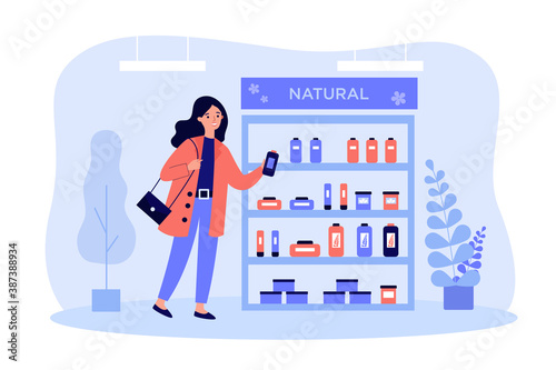 Cosmetic buyer choosing skincare cream flat vector illustration. Cartoon woman standing in shop and thinking about beauty products choice. Natural eco cosmetics and cosmetology concept