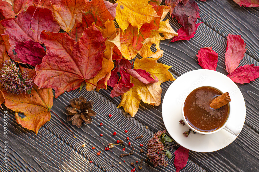 Coffee break with a Cup of aromatic coffee with spices - cinnamon, cloves and red pepper. Autumn fallen red and yellow maple leaves on a dark wooden background. Copy space.