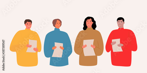 
International choir in multicolored clothes sings songs on flat vector background. Multiracial men and women in stylish sweaters with leaflets of text sing together. Street singing. holiday songs.