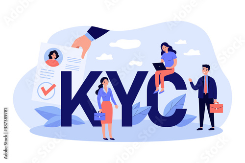 Tiny people studying risks and process guidelines for clients flat vector illustration. Idea of business identification and finance safety. KYC and know your customer concept