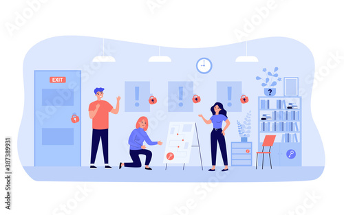 Happy people playing in quest escape room isolated flat vector illustration. Cartoon adventurers or hunters searching exit and looking for treasure. Game and adventure concept
