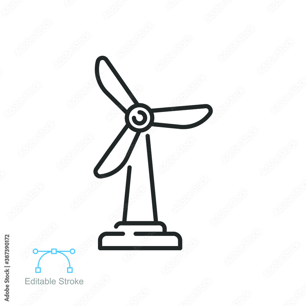 Wind turbine icon. windmill power, simple sustainable energy. environment technology station. Line or outline pictogram style. Editable stroke. Vector illustration. Design on white background. EPS 10 Wind turbine icon. windmill power, simple sustainable energy. environment technology station. Line or outline pictogram style. Editable stroke. Vector illustration. Design on white background. EPS 10