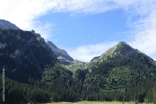 Wild forest and mountain landscape in the European foothills of the Alps near the Principality of Liechtenstein