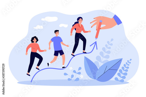 People increasing on hand drawn arrow line isolated flat vector illustration. Cartoon tiny characters following trend and company sale strategy. Leadership and marketing plan concept