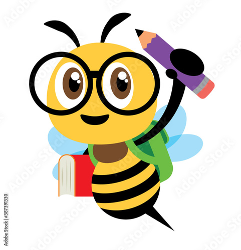 Back to school. Cartoon cute bee character carrying school bag, book and pencil and ready for school with smile.- Flat art vector