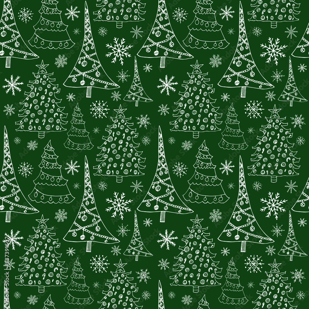 Seamless pattern with Christmas trees. Different kinds of Christmas trees with garlands isolated on dark green background. Seamless vector pattern. Design for holiday decor, prints, wallpapers.