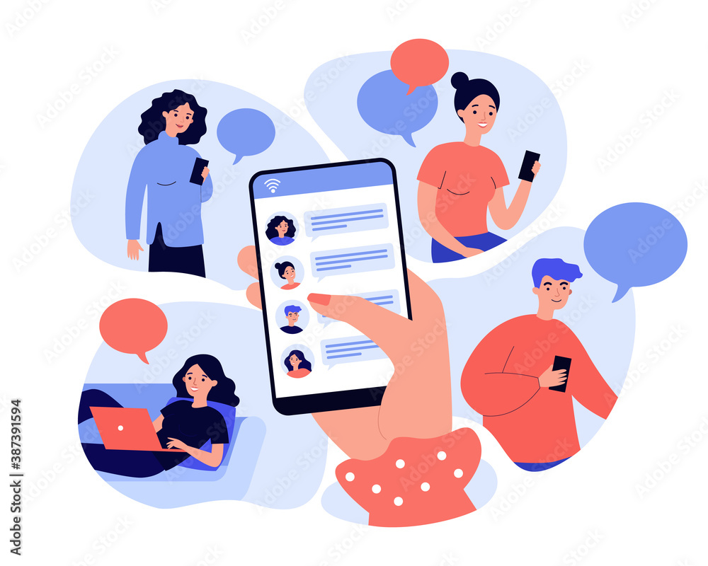 Female hand holding smartphone and sharing news flat vector illustration. Cartoon character using mobile phones and laptop chatting online. digital technology and information concept