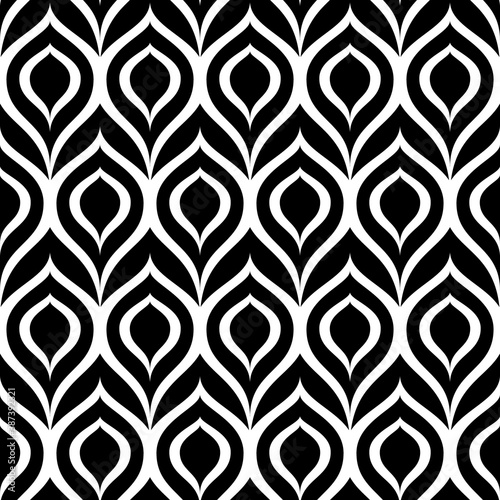 Geometric seamless pattern. Stylish floral texture. Simple floral design prints. Abstract geometric background. Peacock feather. Ditzy ornament. Repeating black and white flowers. Bird plumage. Vector