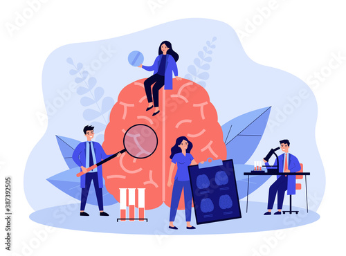 Tiny scientists studying human brain in lab flat vector illustration. Cartoon medical doctors testing memory. Psychology, science and laboratory experiment concept