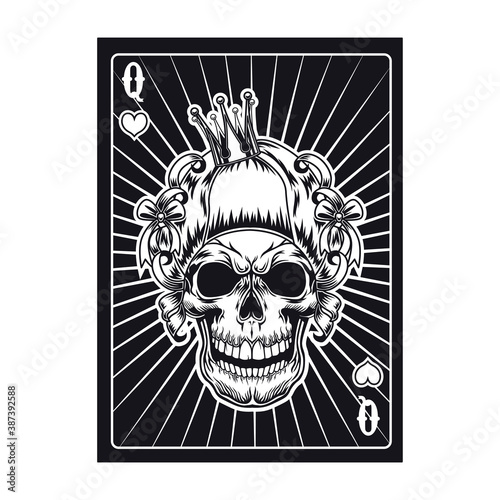 Playing card with aggressive skull of queen. Hearts. Flat vector illustration for gambling, poker club, online game concept