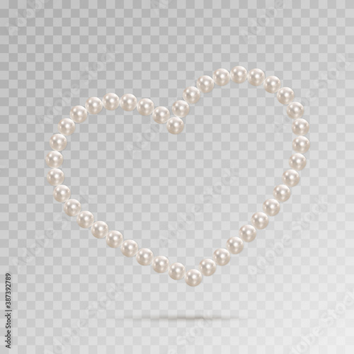 Shiny oyster pearls for luxury accessories. Pearl necklace thread of pearls. Realistic white pearls isolated on background. Beautiful natural heart shaped jewelry. Chains of pearls forming an ornament