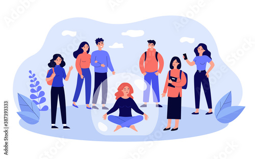 Woman avoiding crowd and sitting inside bubble isolated flat vector illustration. Cartoon unsocial person rejecting society and choosing social isolation. Meditation and interaction concept