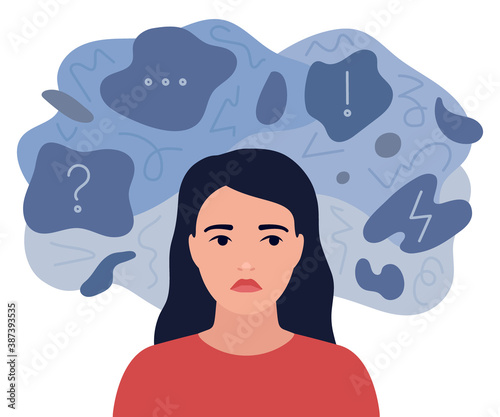 Looming sad, anxious thoughts of girl. Pensive woman is surrounded by sad reflections. Anxiety, depression, stress. Mental disorder and chaos in mind. Vector flat illustration