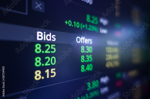 Stock exchange market graph on screen monitor. Economic and financial concept.