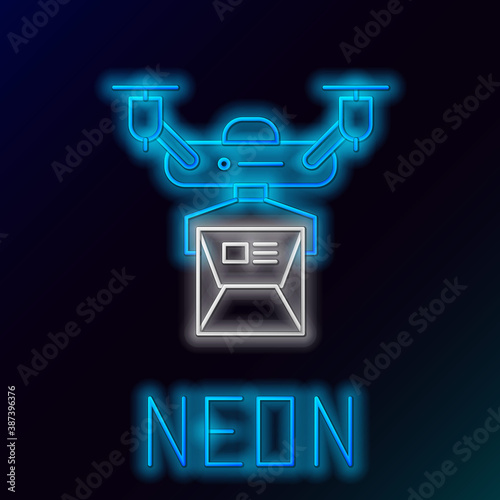 Glowing neon line Drone delivery concept icon isolated on black background. Quadrocopter carrying a package. Transportation, logistic concept. Colorful outline concept. Vector.