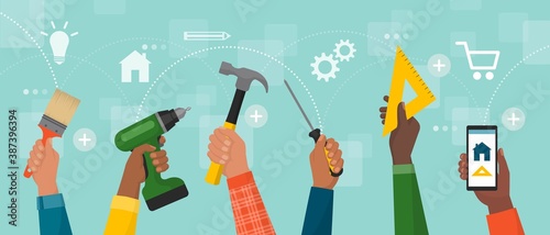 Diverse hands holding DIY tools and smartphone