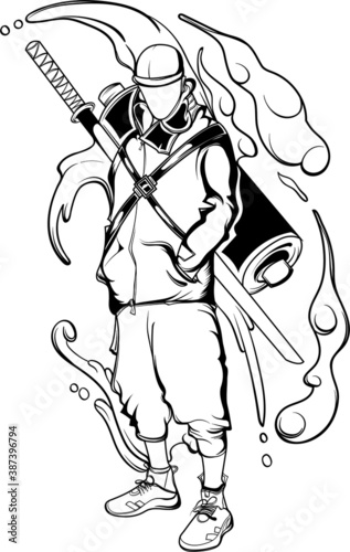 vector line art man of streetware with sword photo