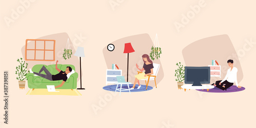 people in home working with laptop, indoor activities