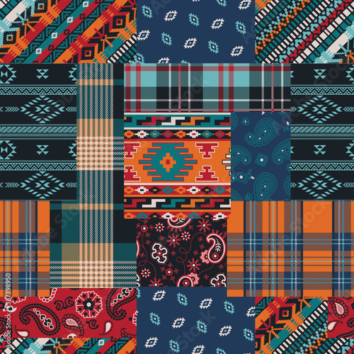 Bandana paisley native motifs and tartan plaid fabric patchwork abstract vector seamless pattern