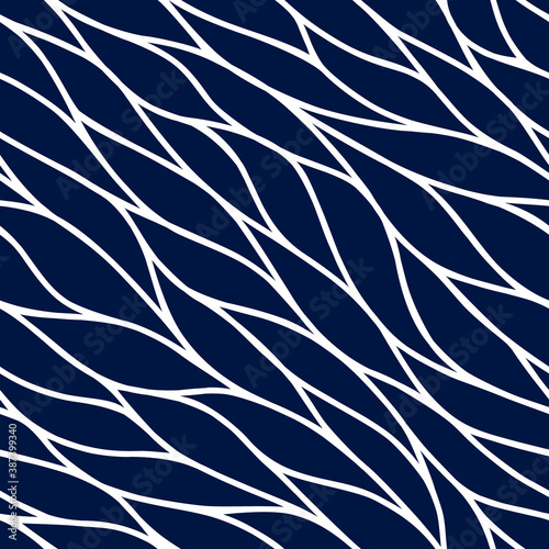 Vector seamless pattern. Stylish wavy line. Stripes twist on blue background. Repeating abstract waves curl. Curved swirl for design prints. Diagonal texture for gift wrapper, fabric, cases, prints