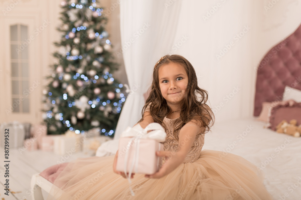 Happy childhood, magical Christmas tale. Little princess with Santa's present for Christmas Happy childhood, magical Christmas tale. Little princess with Santa's present for Christmas