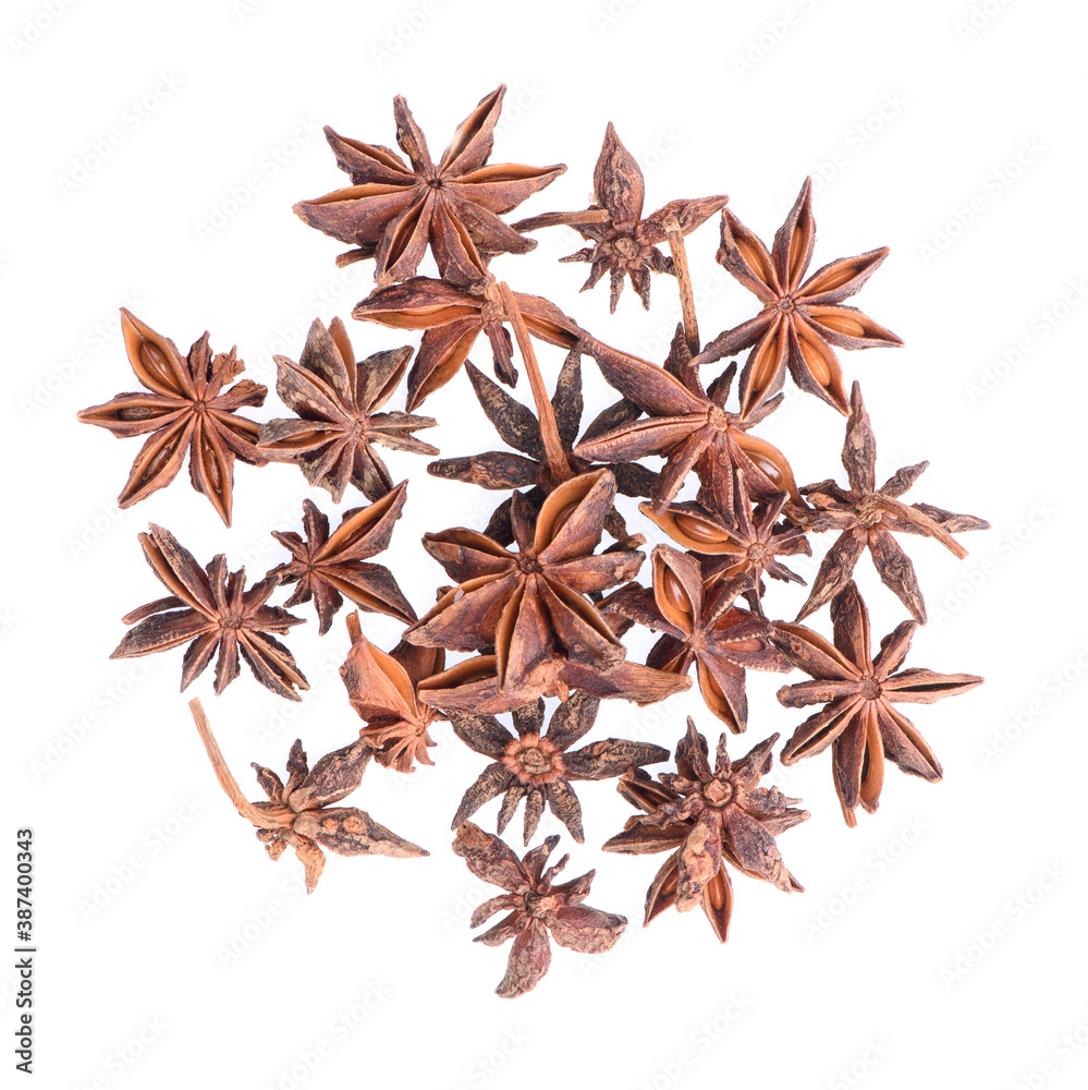 Star anise spice fruits and seeds isolated on white background closeup Star anise spice fruits and seeds isolated on white background closeup