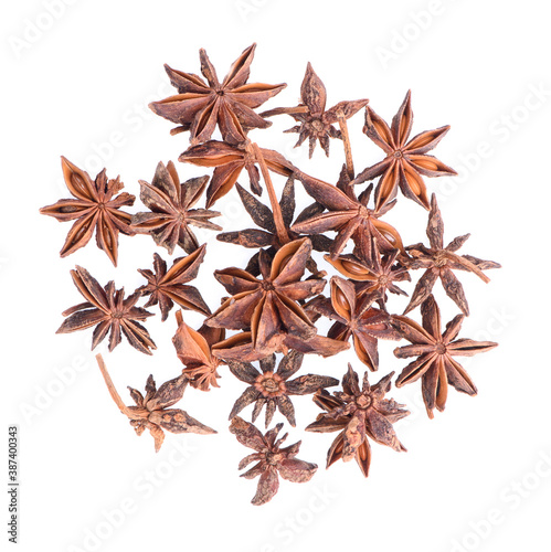 Star anise spice fruits and seeds isolated on white background closeup