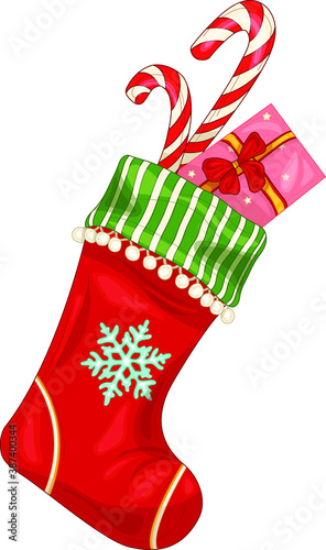 Colorful cartoon Christmas New Year winter socking with snowflake and present template. Bright vector illustration for games, background, pattern, decor. Print for fabrics and other surfaces.