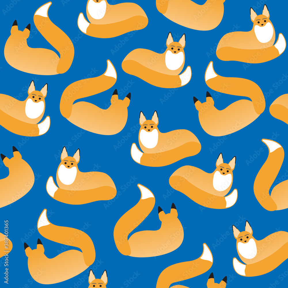 Fox seamless pattern as texture for printing on fabric, textile, paper, flat vector stock illustration as childrens wallpaper