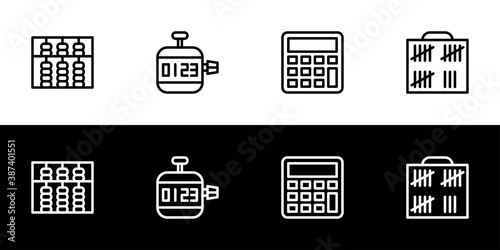 Calculate or counting tool icon set. Flat design icon collection isolated on black and white background. Abacus, clicker counter, calculator, and tally counter.