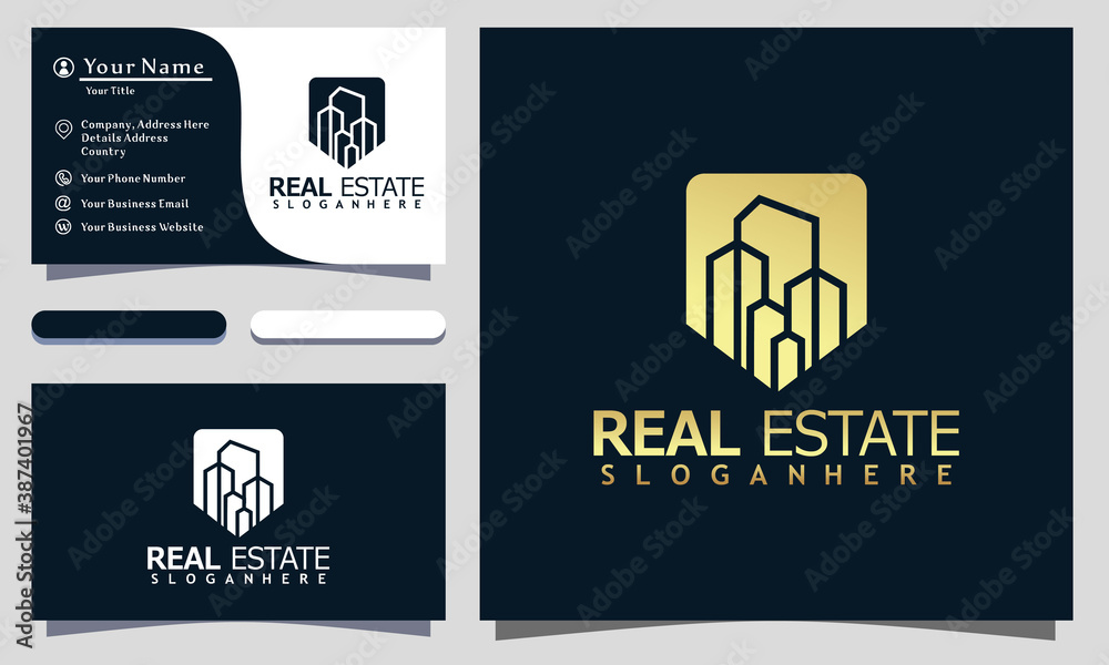 Golden Real Estate Shield Safe modern logo design vector Illustration, business card template Golden Real Estate Shield Safe modern logo design vector Illustration, business card template