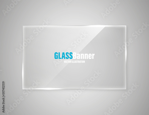 Glass frame. Realistic glossy transparent glass banner with glare. Vector design element.