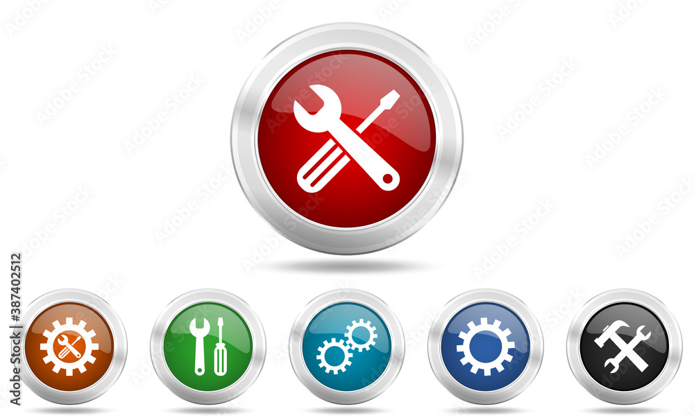 Tools and services vector icons, set of technology concept silver metallic glossy web buttons Tools and services vector icons, set of technology concept silver metallic glossy web buttons