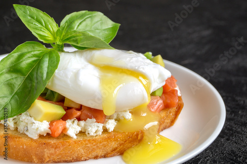 poached egg on healthy bread with avocado.