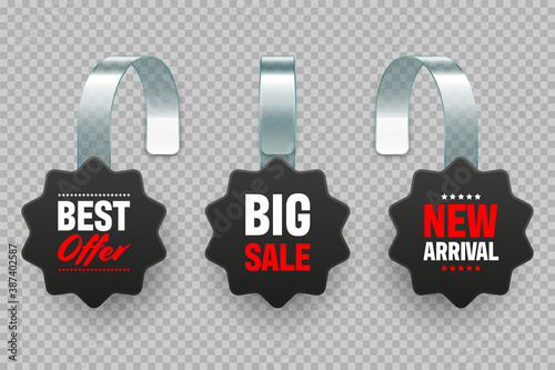 Supermarket promotional wobblers with ad text. Realistic vector wobbler template for shelf advertising. Sale or discount label. Special offer price tag.