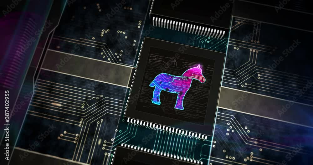 Trojan attack, digital theft, identity spying, cyber crime, malware, phishing and hacking. Futuristic 3d rendering loopable seamless abstract concept animation. Processor factory with burning symbol. Trojan attack, digital theft, identity spying, cyber crime, malware, phishing and hacking. Futuristic 3d rendering loopable seamless abstract concept animation. Processor factory with burning symbol.