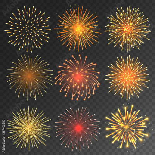 Festive fireworks collection. Realistic colorful firework on transparent background. Christmas or New Year greeting card element. Vector illustration.