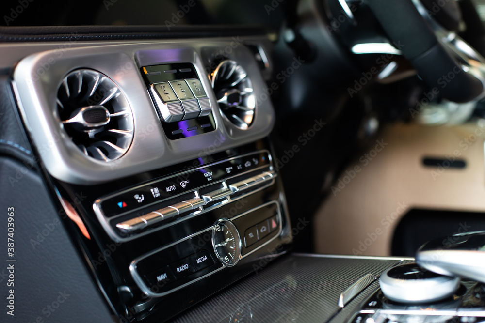 Air conditioning system and dashboard. Close up and interior details of modern luxury sport cars.