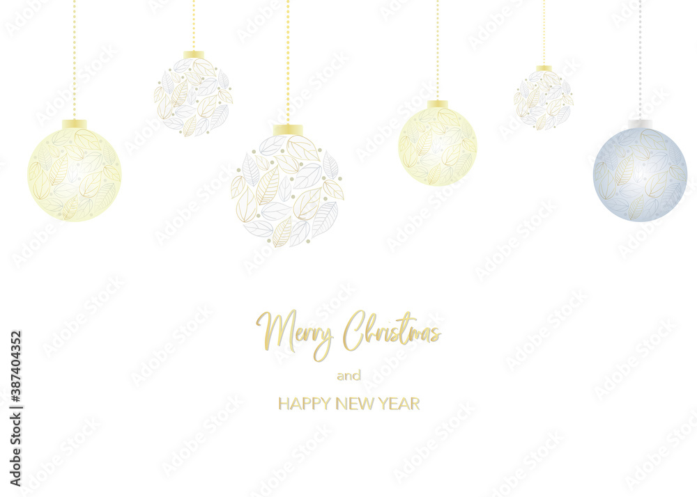 Greeting illustration of ornament ball with gold and silver leaf pattern.