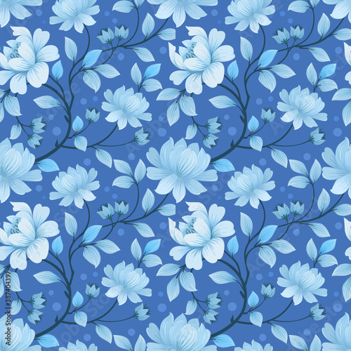  Seamless pattern with monochrome blue flowers and leaves texture background.
