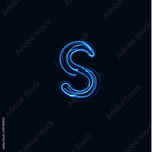 Lightning Realistic letter S, bright gloving logo, electric energy glow style symbol, blue tesla plasma type sign. Thunderbolt vector illustration, typography design