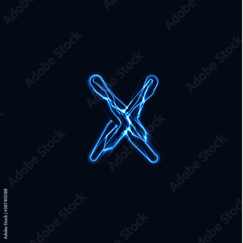 Lightning Realistic letter X, bright gloving logo, electric energy glow style symbol, blue tesla plasma type sign. Thunderbolt vector illustration, typography design