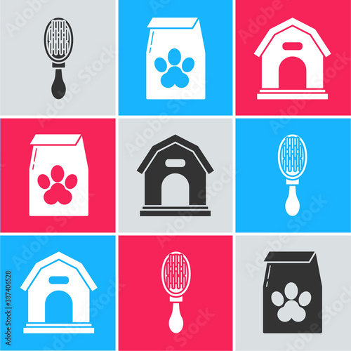 Set Hair brush for dog and cat, Bag of food for pet and Dog house icon. Vector.