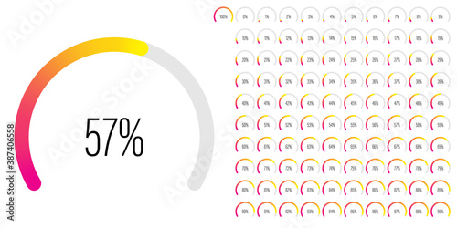 Set of circular sector percentage diagrams meters from 0 to 100 ready-to-use for web design, user interface UI or infographic - indicator with gradient from magenta hot pink to yellow