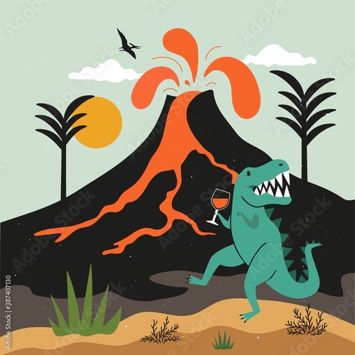 Vector illustration with dancing tyrannosaurus dinosaur holding wineglass with red wine. Flying pterodactyl and erupting volcano with lava on background