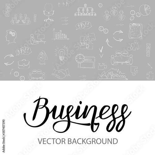 Background of business icons in Doodle style. Vector template of a leaflet, flyer or banner on the topic of collaboration, goal achievement, meetings, business ideas with the title lettering.
