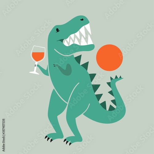 Vector illustration with tyrannosaurus dinosaur holding glass of red wine. Party flyer template design, bar wall decoration poster, wine lover apparel print