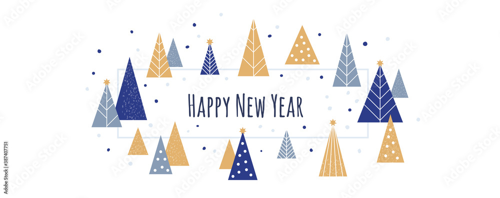 Happy New Year - winter banner background. Vector illustration in flat style - Christmas decorative fir trees and falling snow. Copy space for text - for winter banners and headers. Happy New Year - winter banner background. Vector illustration in flat style - Christmas decorative fir trees and falling snow. Copy space for text - for winter banners and headers.