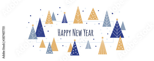 Happy New Year - winter banner background. Vector illustration in flat style - Christmas decorative fir trees and falling snow. Copy space for text - for winter banners and headers.