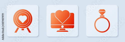 Set Computer monitor with heart, Heart in the center of darts target aim and Wedding rings. White square button. Vector.